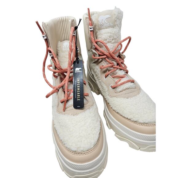 NEW SOREL 9.5 Brex Cozy Lace Faux Shearling Sherpa Chunky Snow Boot Cream - Picture 4 of 7